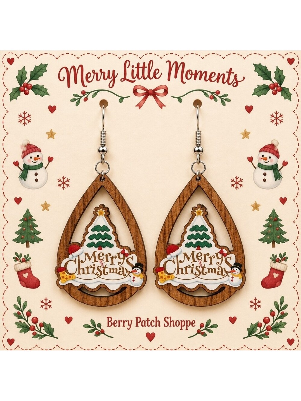 Merry Christmas Tree Wood Tear Drop Earrings